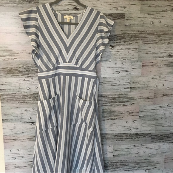 Striped Ruffle trim Belted Dress with Pockets - Picture 2 of 6